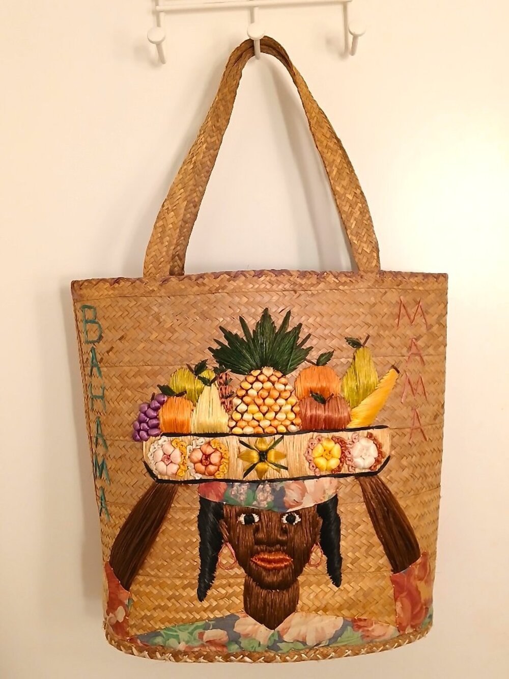 Vintage 80s Large Bahamas Woven Straw Tote Bag Folk Art Handmade